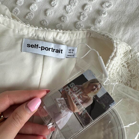 NWT Self-Portrait Guipure Lace Midi Dress Cream Sz 8 Pleated Skirt Square Neck - Picture 2 of 11